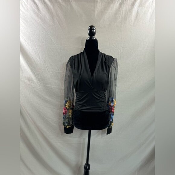 Boho Floral Embroidered Lantern Sleeves Top Black - Picture 7 of 10